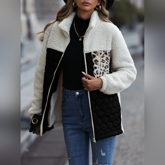 Designer San & R Black and White Leopard Color Block Zip-Up Jacket Various Size - Picture 3 of 3